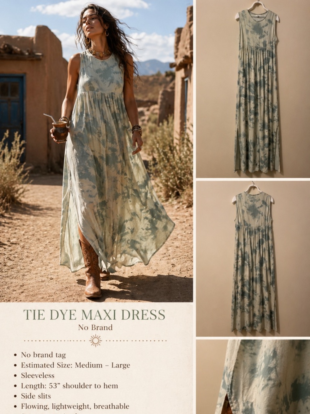 Long Blue Green Sleeveless Tie-Dye Maxi Summer Dress  M/L Festival Desert Muse